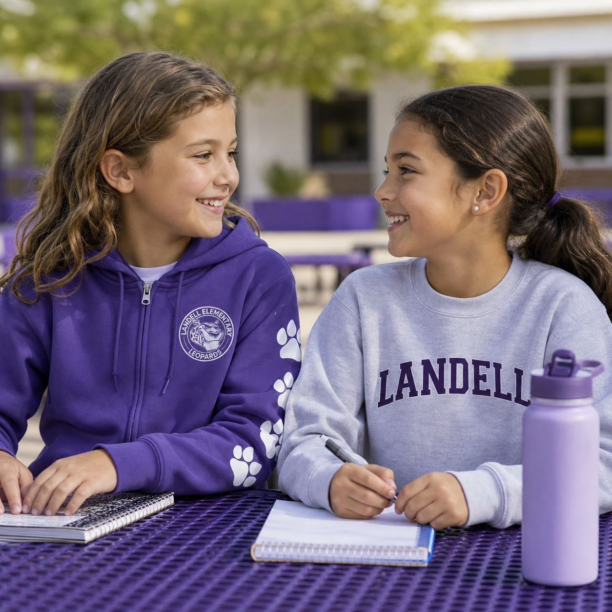Landell students wearing the purple hoodie and grey crewneck